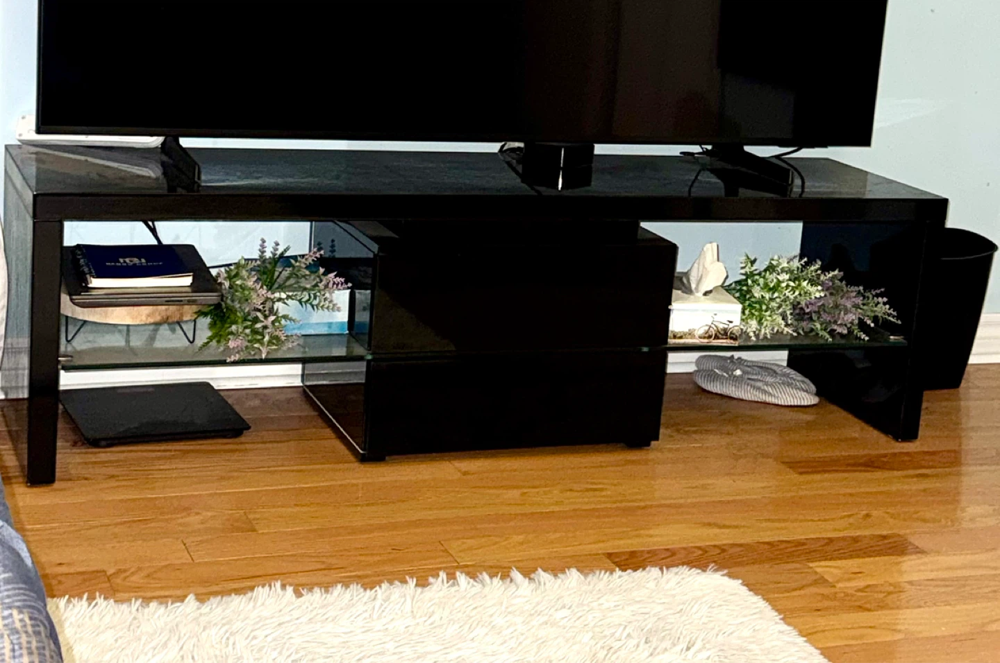 Modern Black TV Stand with glass Storage and shelves