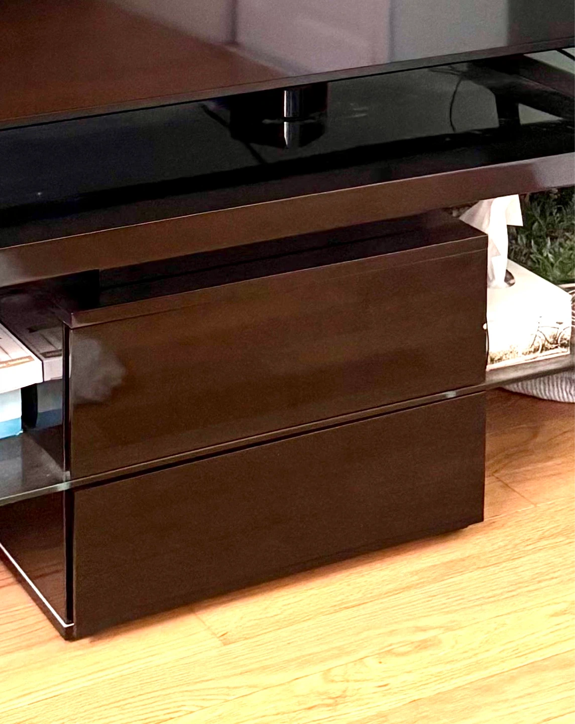 Modern Black TV Stand with glass Storage and shelves - photo 2