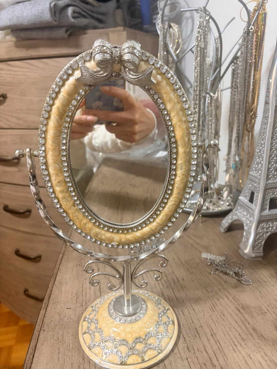 Decorative Oval Vanity Mirror with Rhinestone Bow Accent