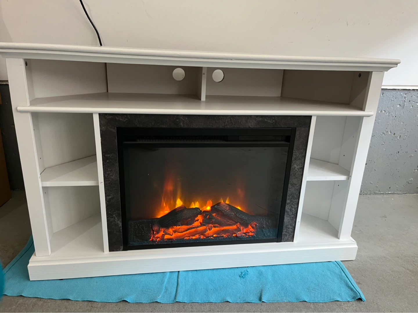 White Corner Electric Fireplace TV Stand with Shelving