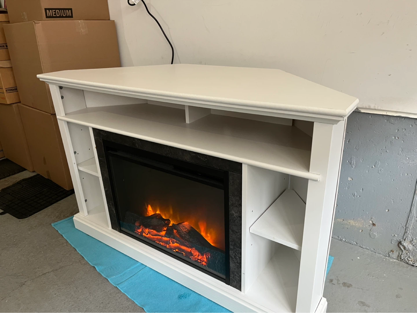 White Corner Electric Fireplace TV Stand with Shelving - photo 2