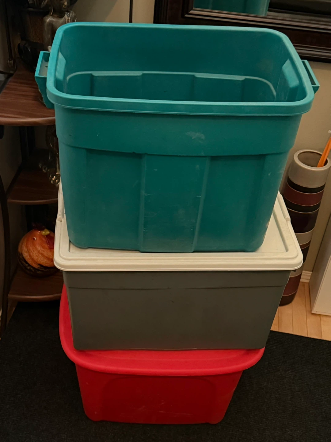 Set of 3 Storage Bins - Teal, Grey, and Red