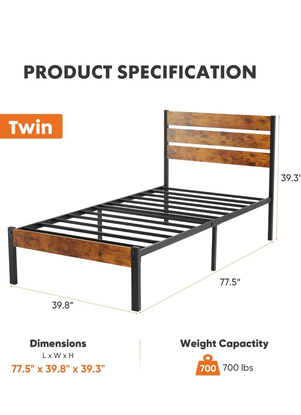 Twin Size Bed Frame with Headboard