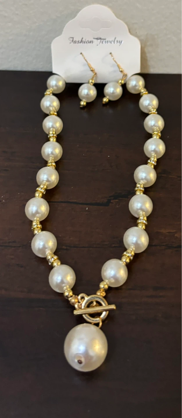 Pearl Necklace and Earring Set with Gold Accents