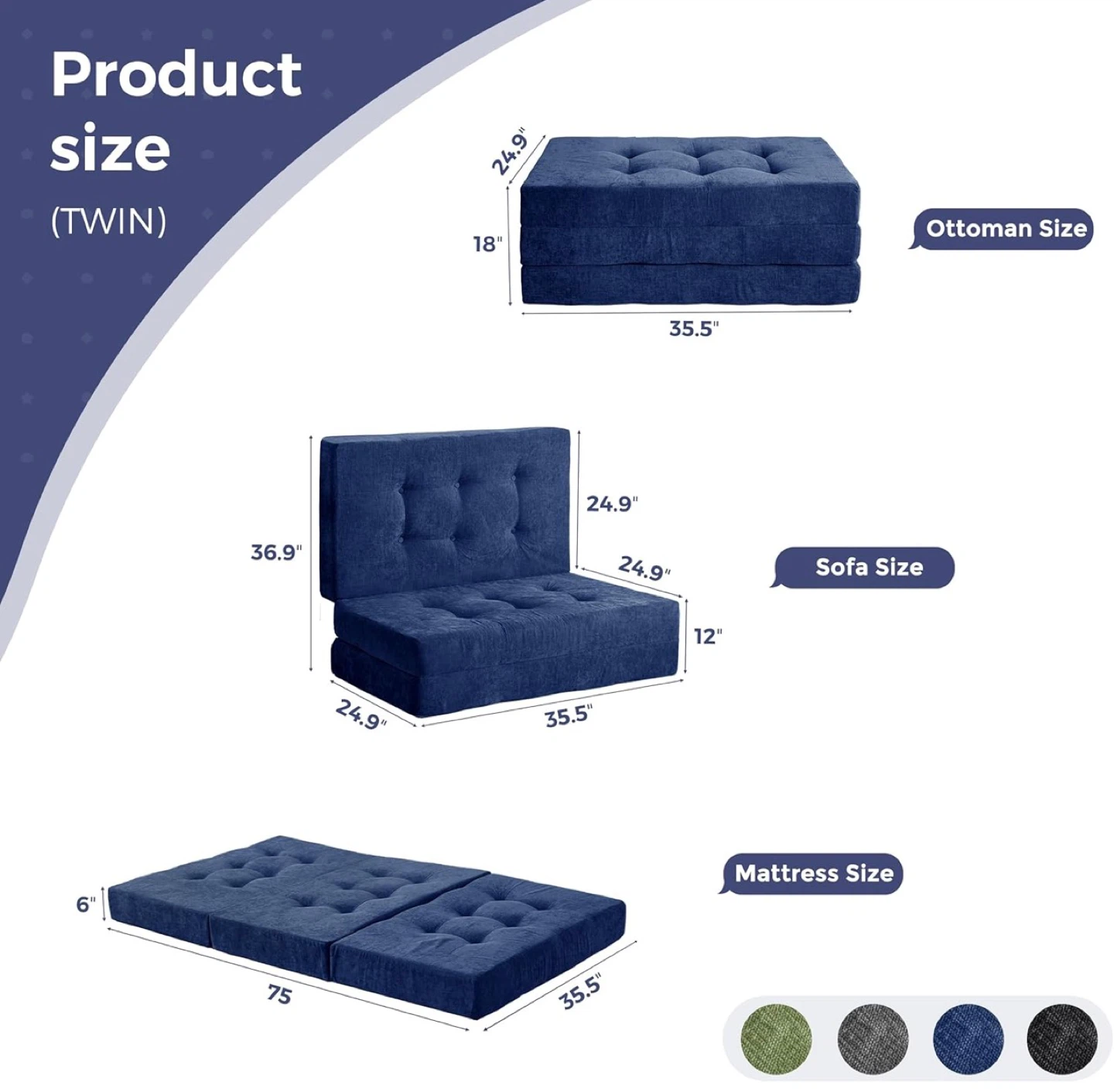 Blue Folding Futon Sofa Bed - Twin Size - photo 2