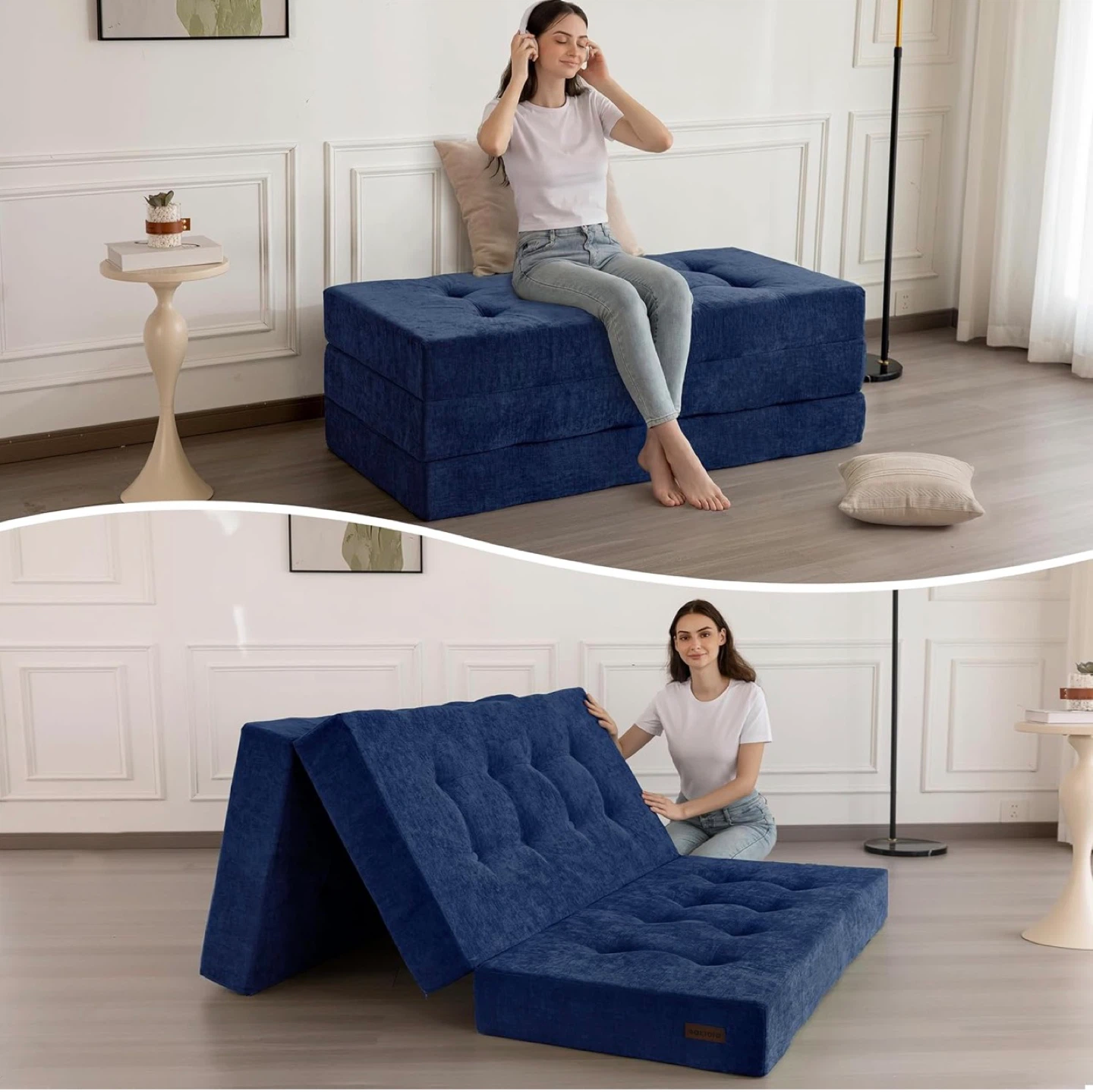 Blue Folding Futon Sofa Bed - Twin Size