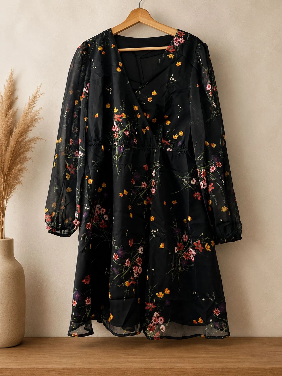 Black floral print sheer dress
