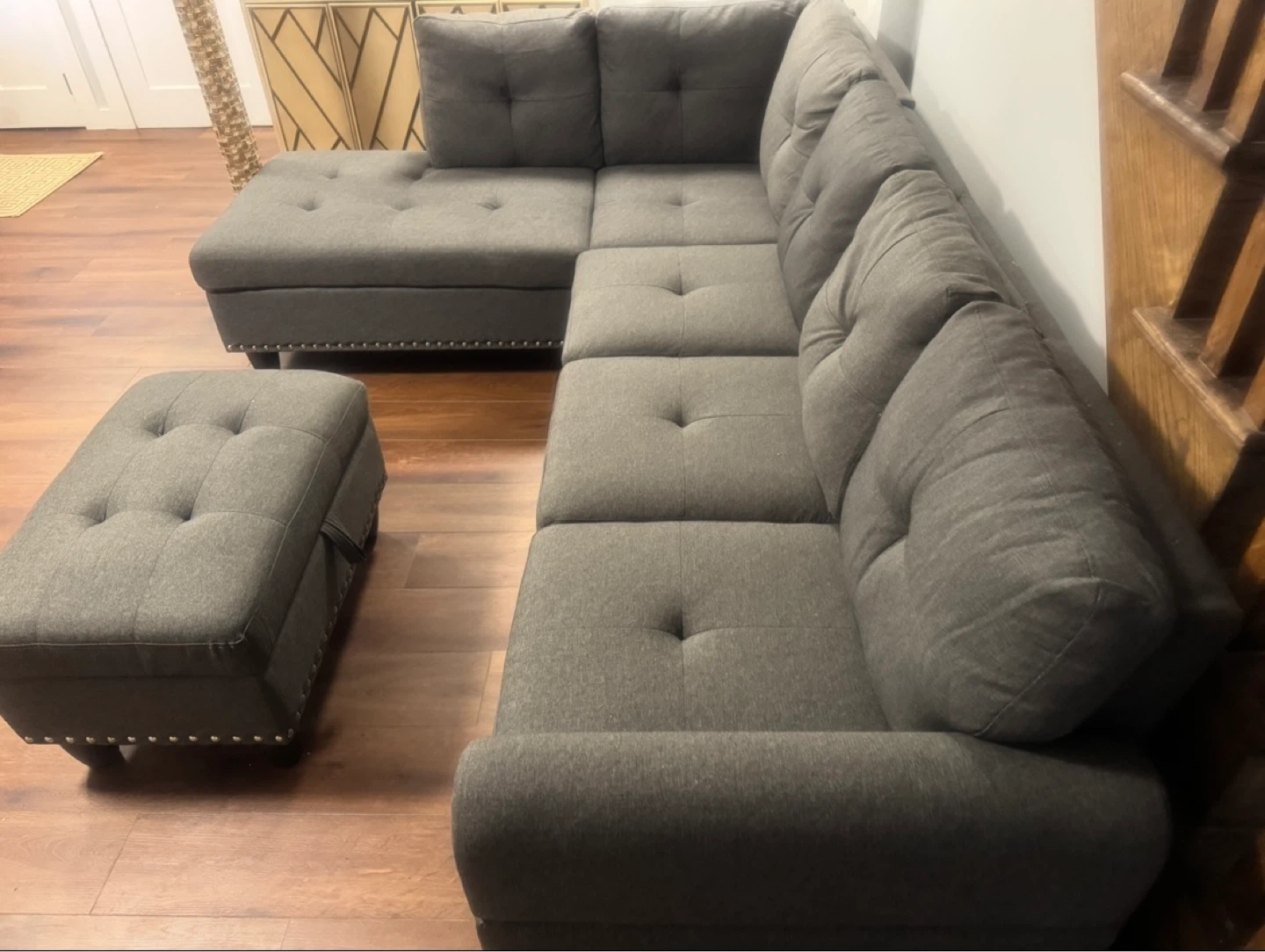 Dark Gray Tufted Sectional Sofa with Ottoman - photo 3