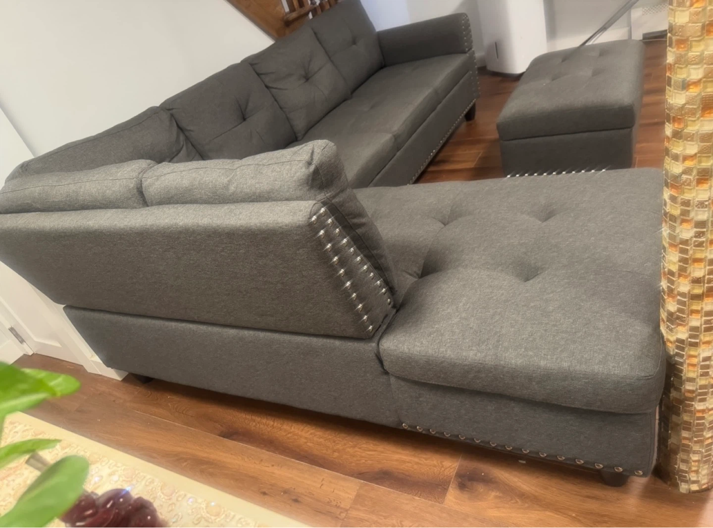 Dark Gray Tufted Sectional Sofa with Ottoman - photo 2