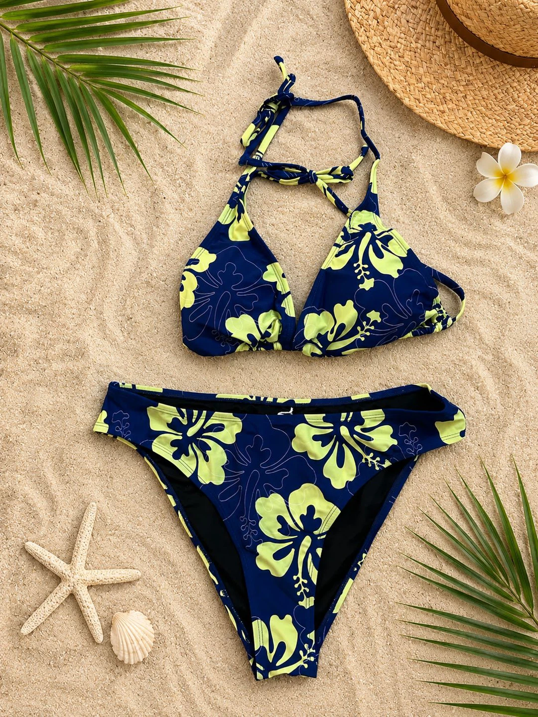 Navy Blue Bikini with Yellow Hibiscus Print