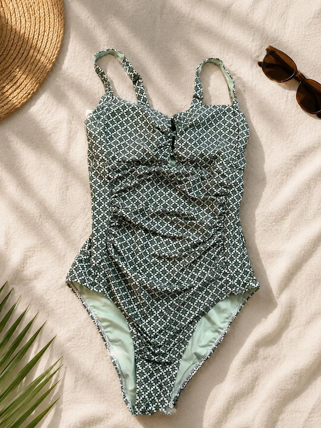 Women's One-Piece Swimsuit Green Floral Print Ruched