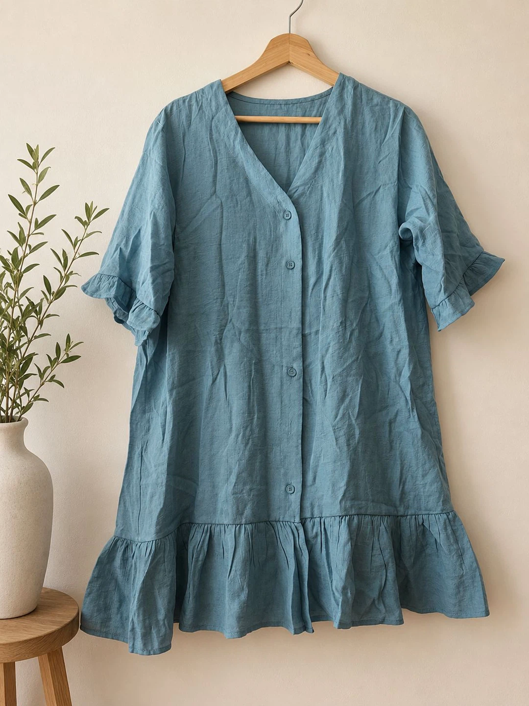 Blue Linen Blend Ruffle Dress