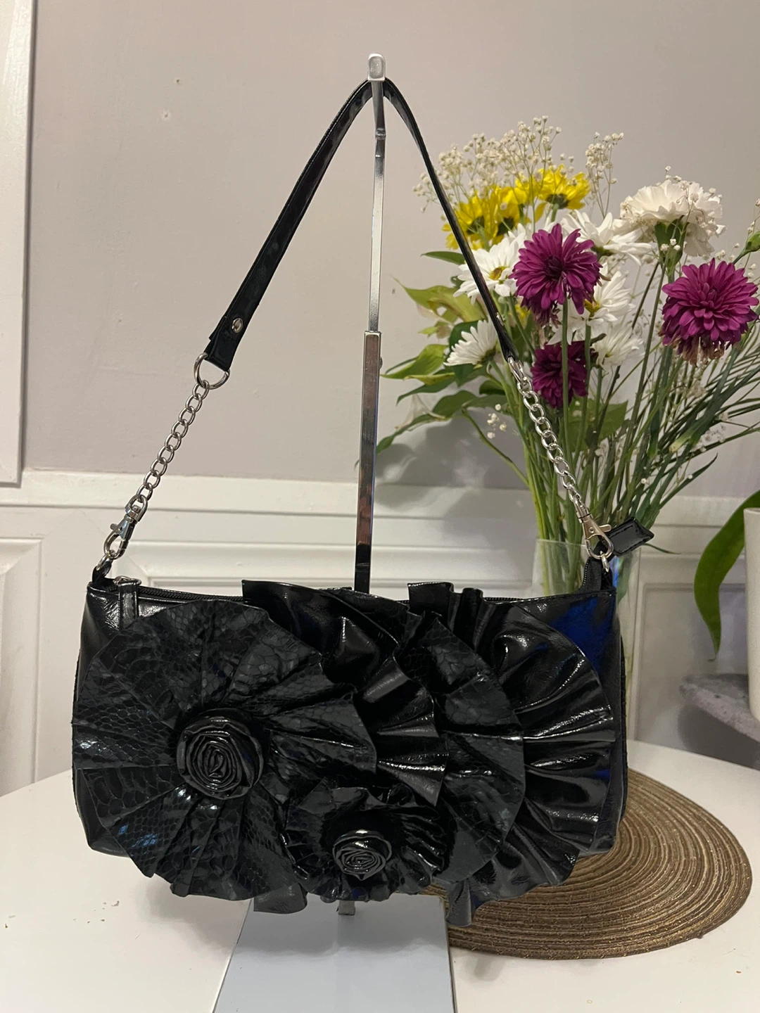 Black Faux Leather Shoulder Bag with Floral Appliqué