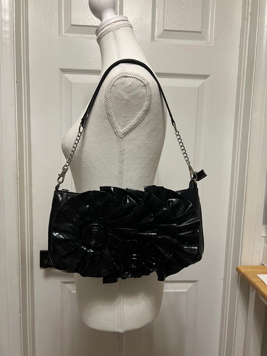 Black Faux Leather Shoulder Bag with Floral Appliqué - photo 3