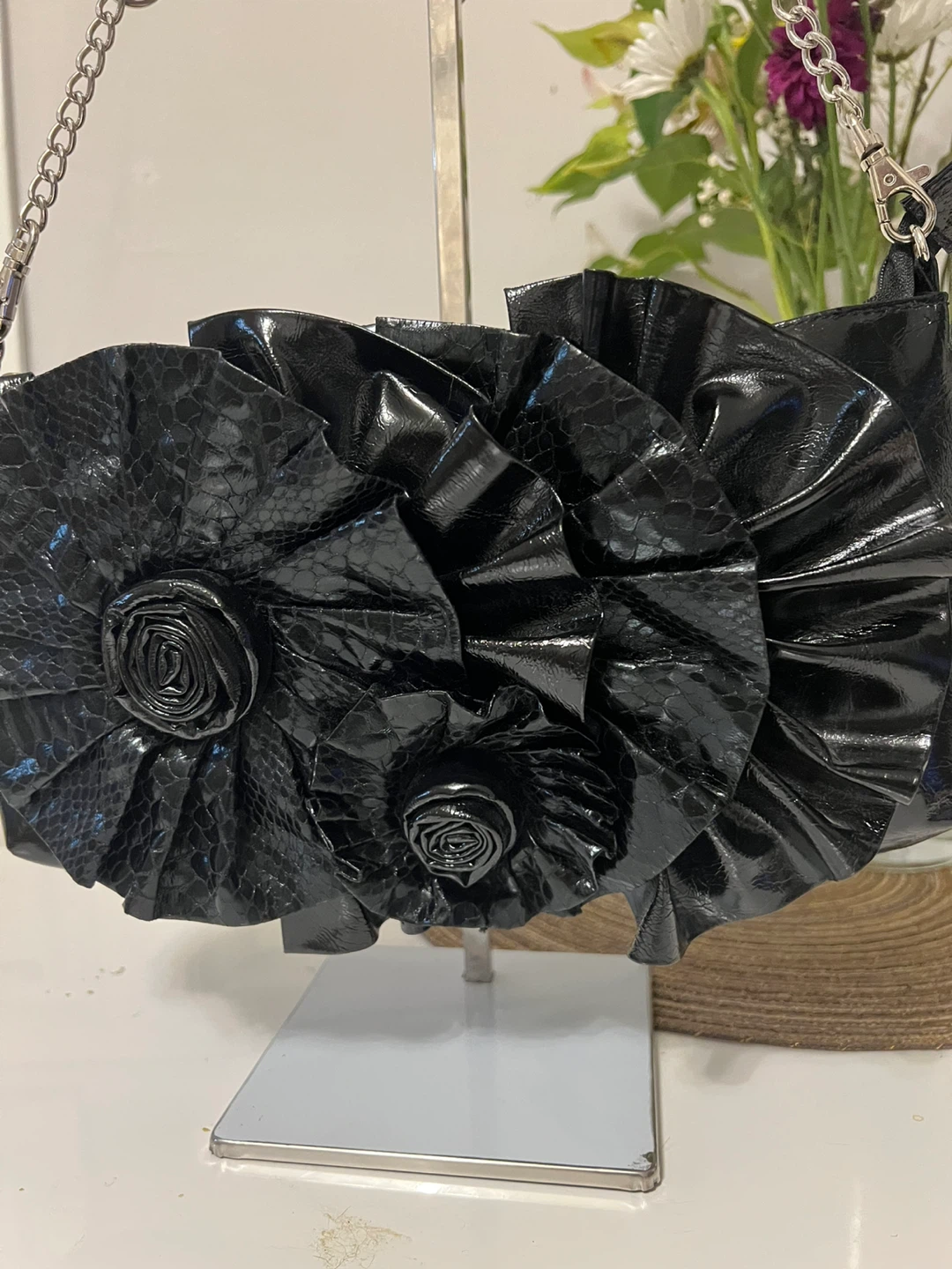 Black Faux Leather Shoulder Bag with Floral Appliqué - photo 2