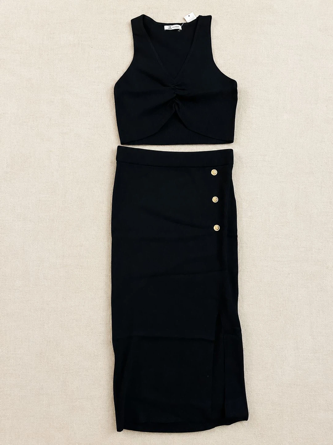 Black Ribbed Twist Front Crop Top and Midi Skirt Set