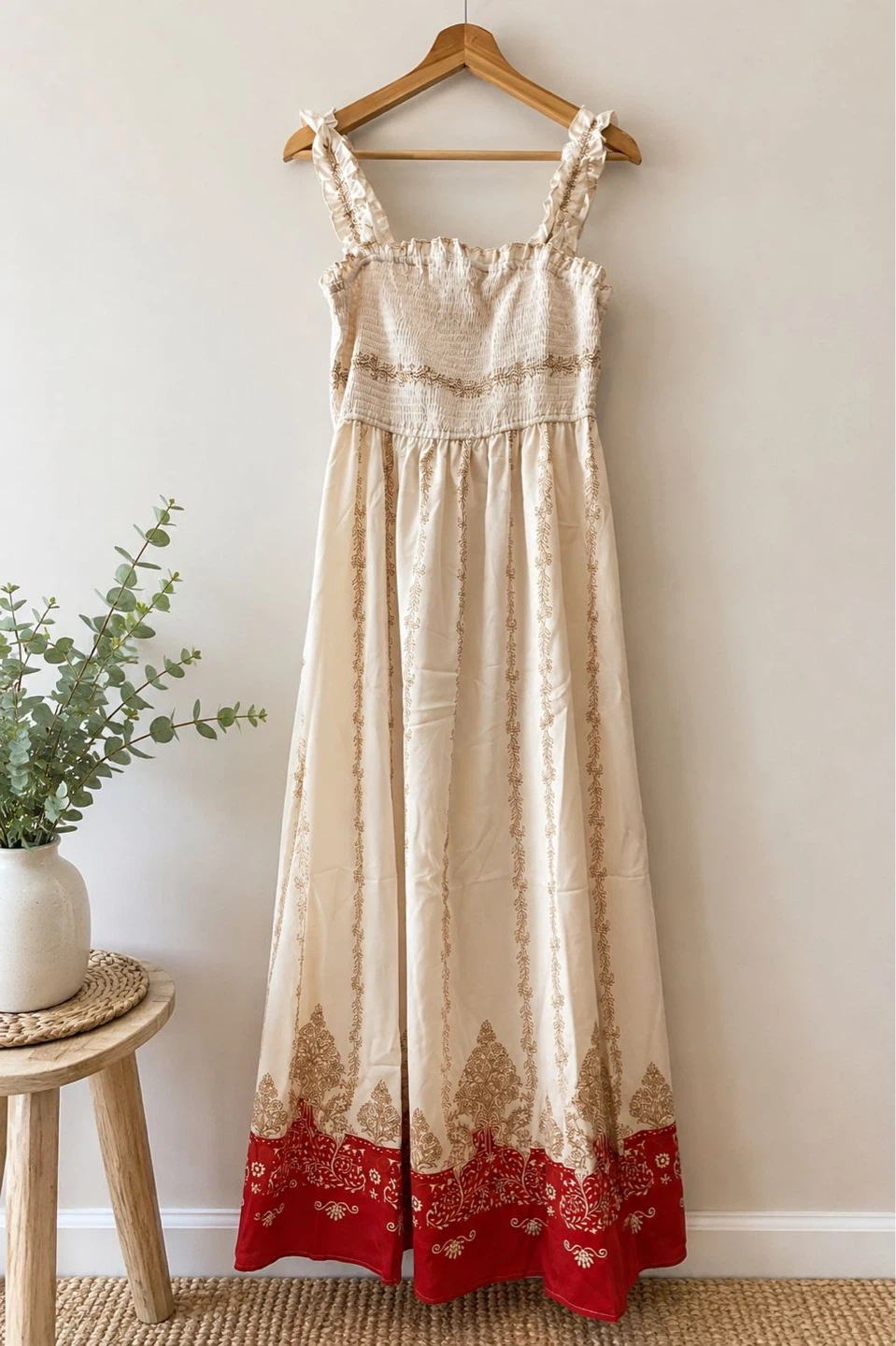 Cream and Red Floral Maxi Dress