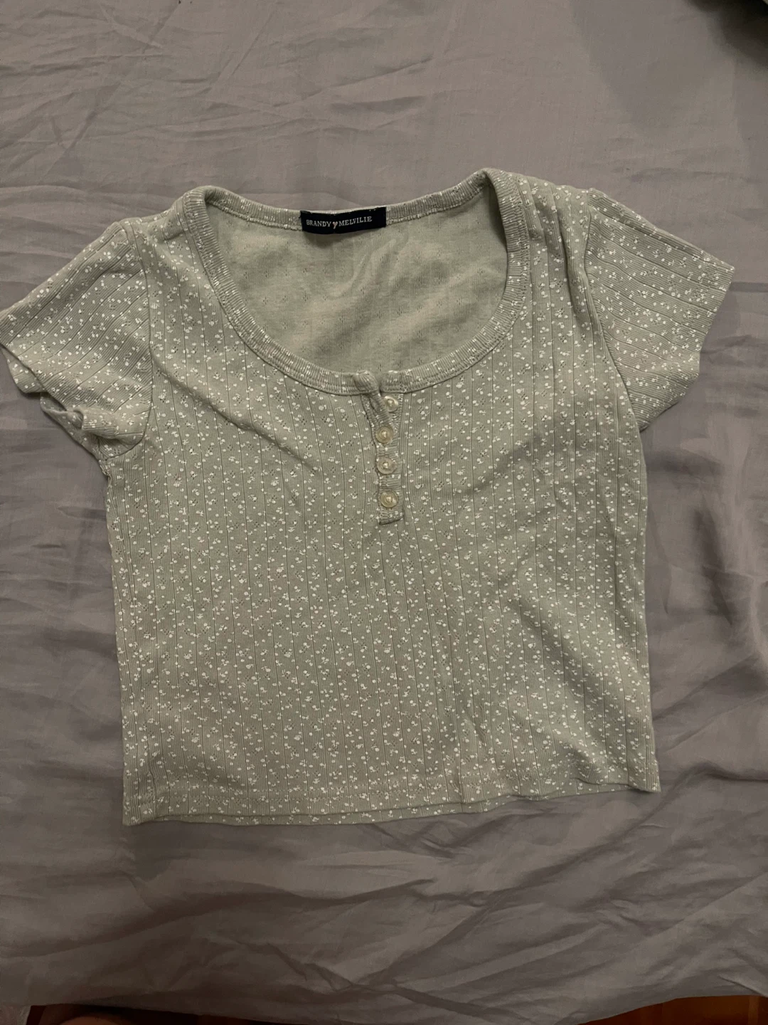 Brandy Melville Sage Green Floral Ribbed Henley Crop Top