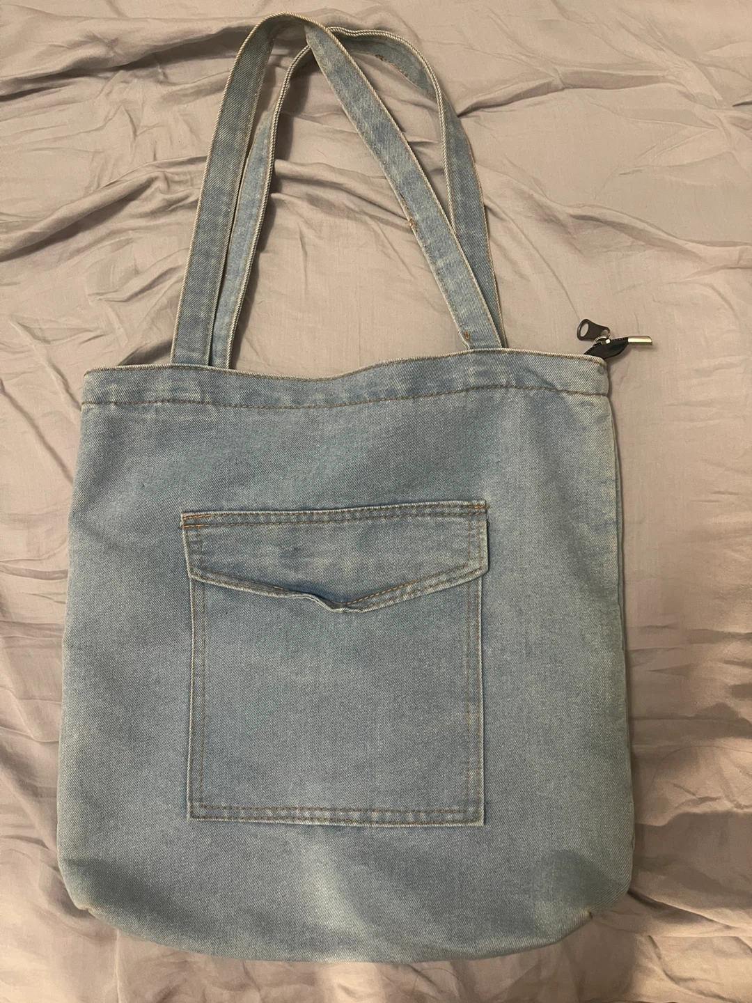 Light Wash Denim Tote Bag with Front Pocket