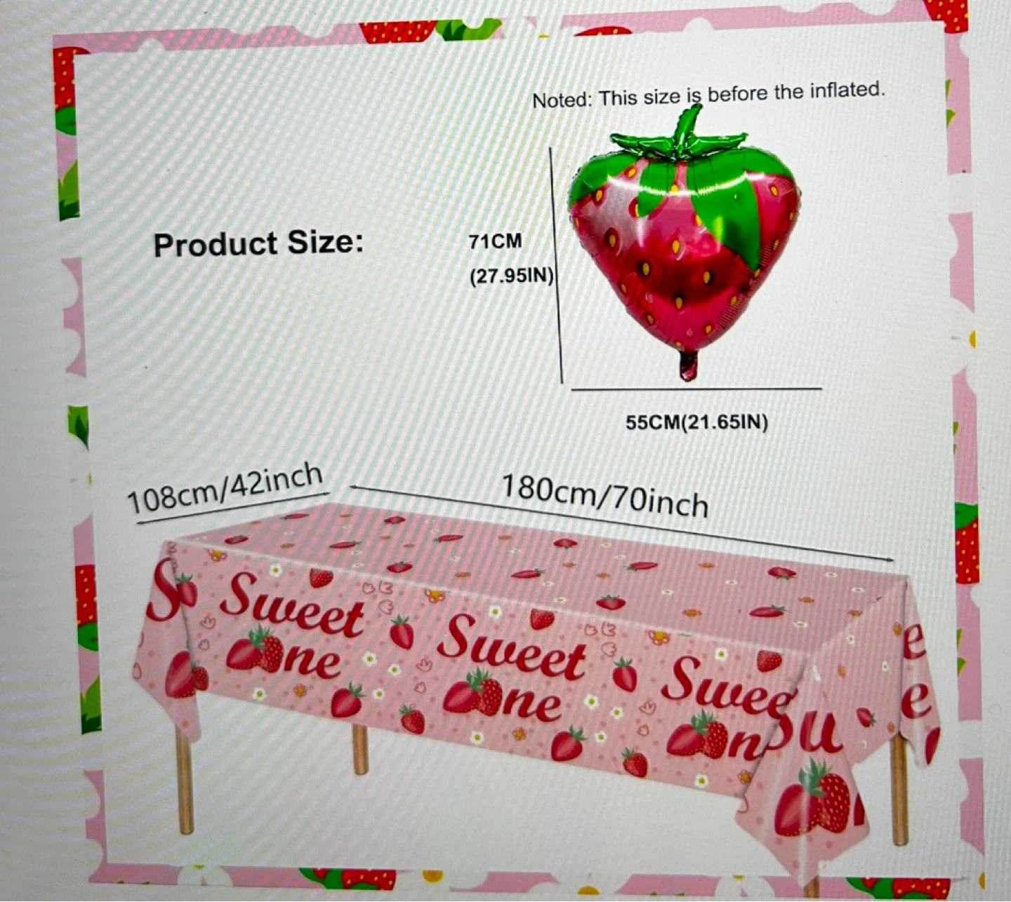 5 Strawberry Shaped Foil Balloons + tablecloth - photo 3