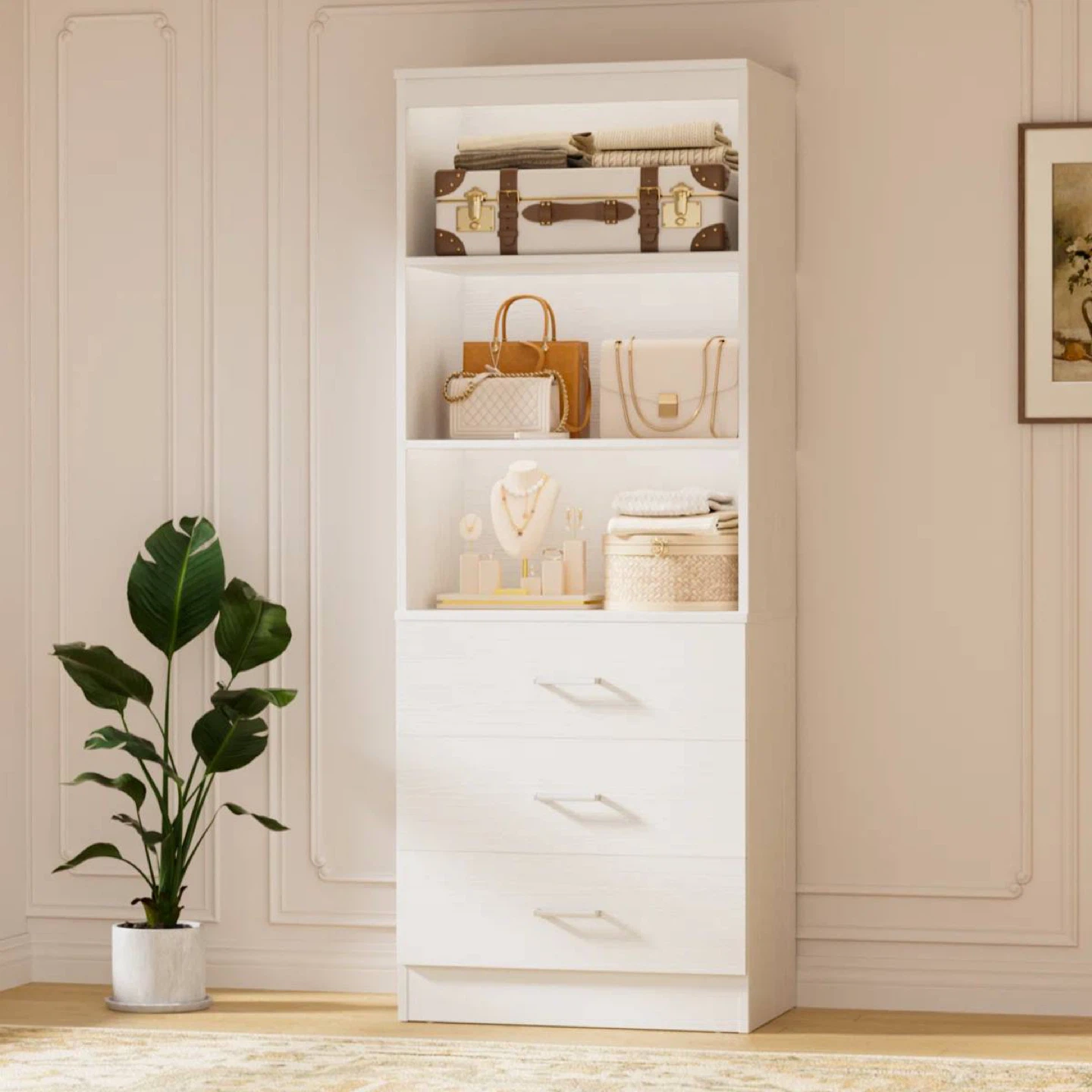 White Tall Storage Cabinet with 3 Drawers