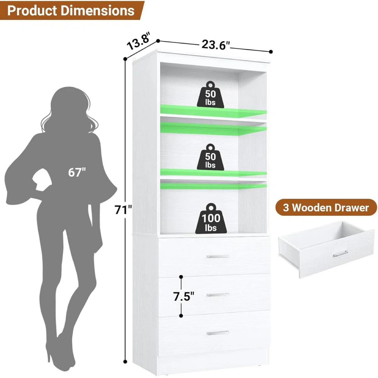 White Tall Storage Cabinet with 3 Drawers - photo 2
