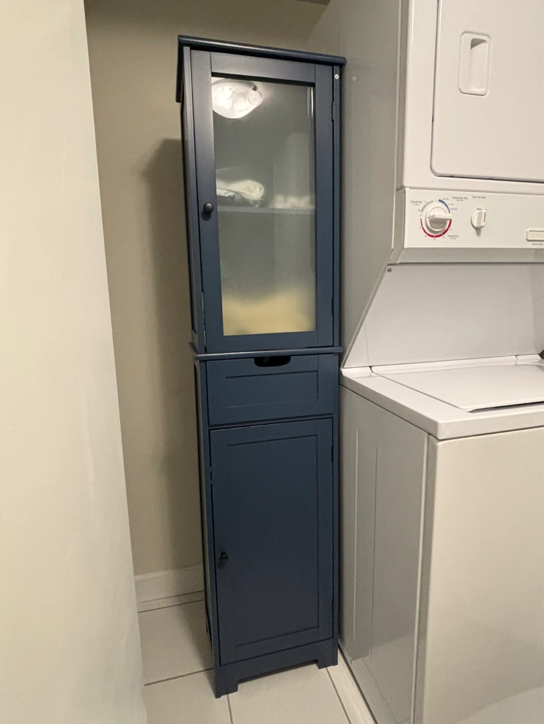 Blue Narrow Storage/Linen Cabinet with Glass Door
