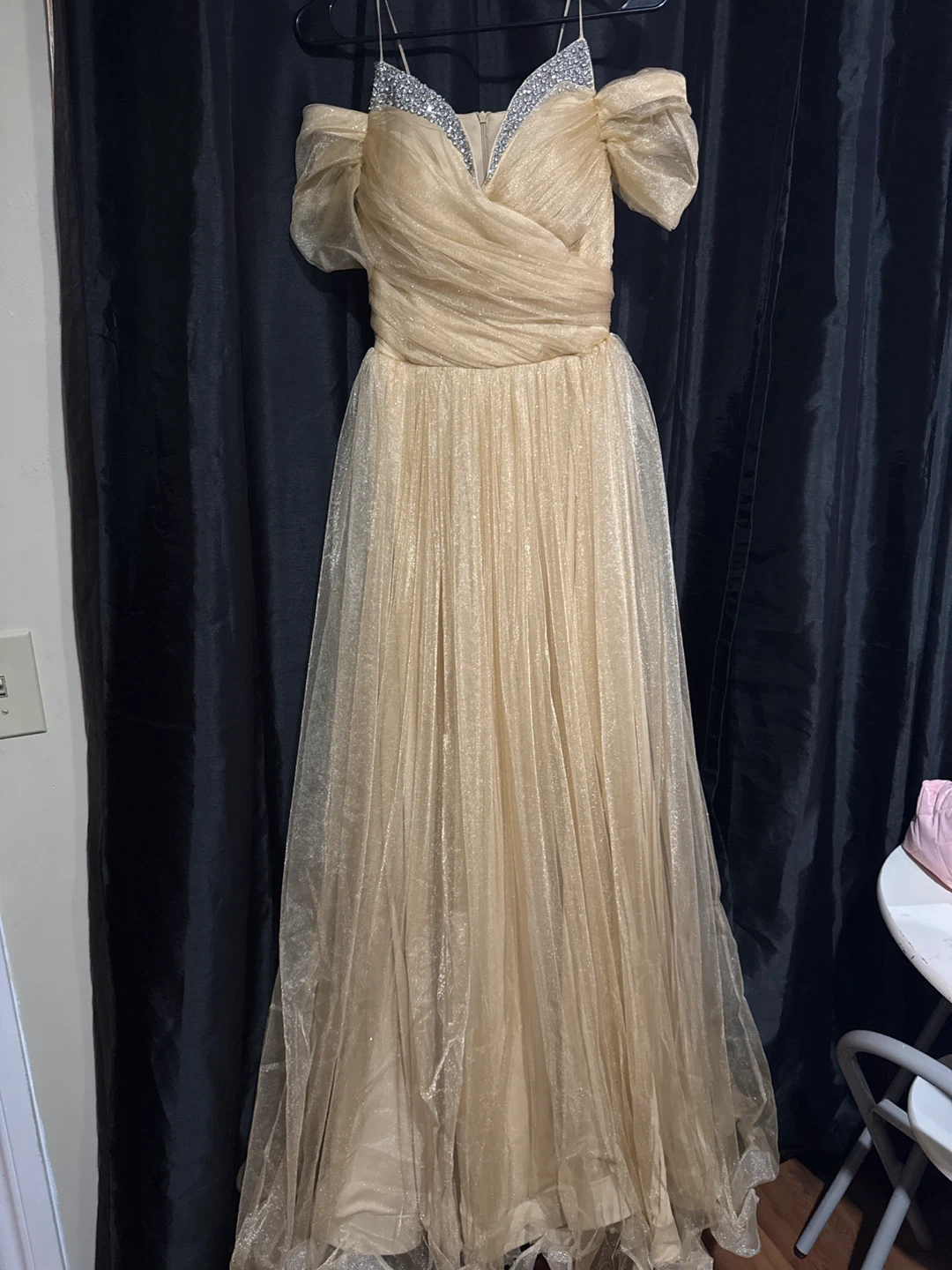 Gold Sparkle Off-the-Shoulder Prom Dress