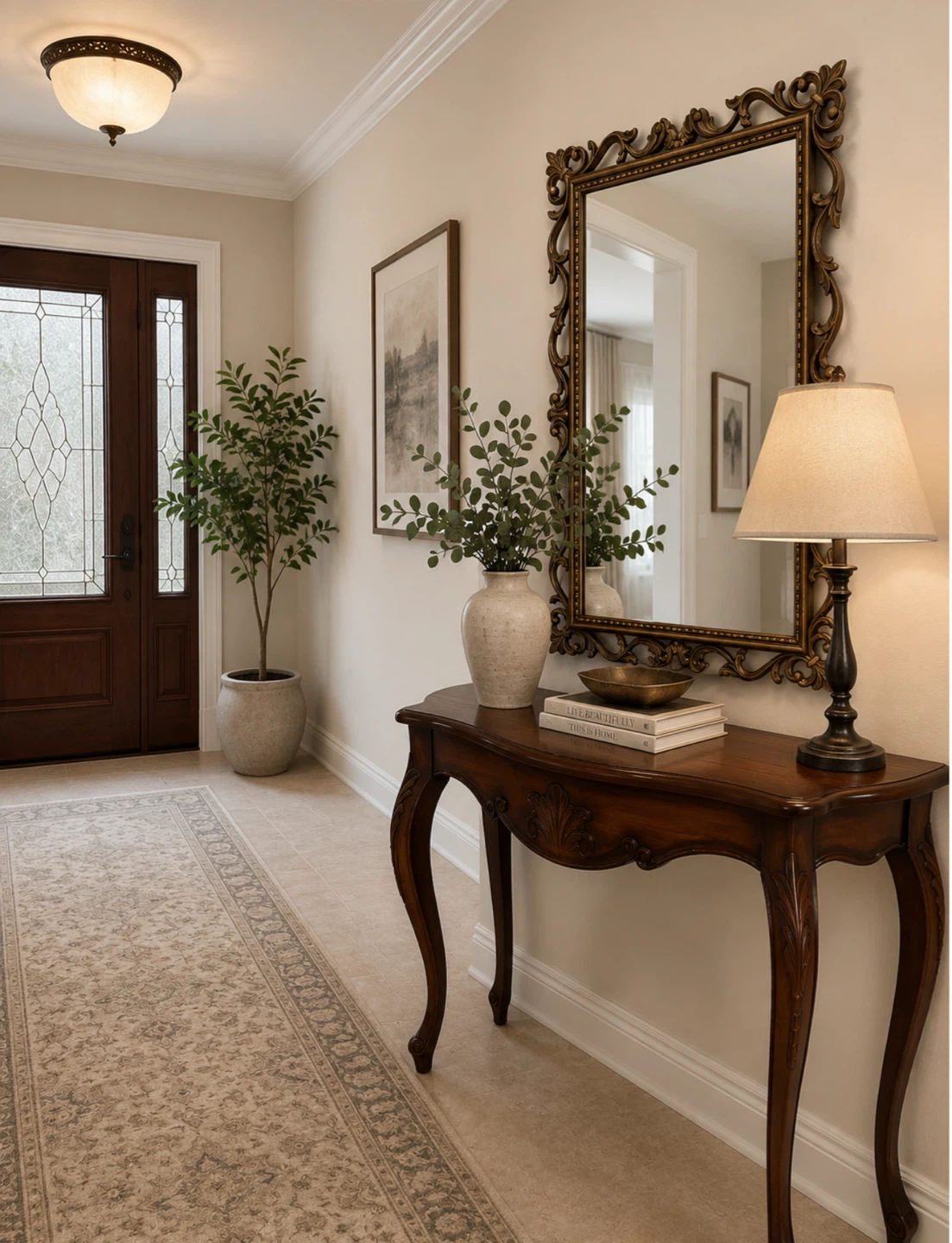 Vintage Console Table with Ornate Mirror