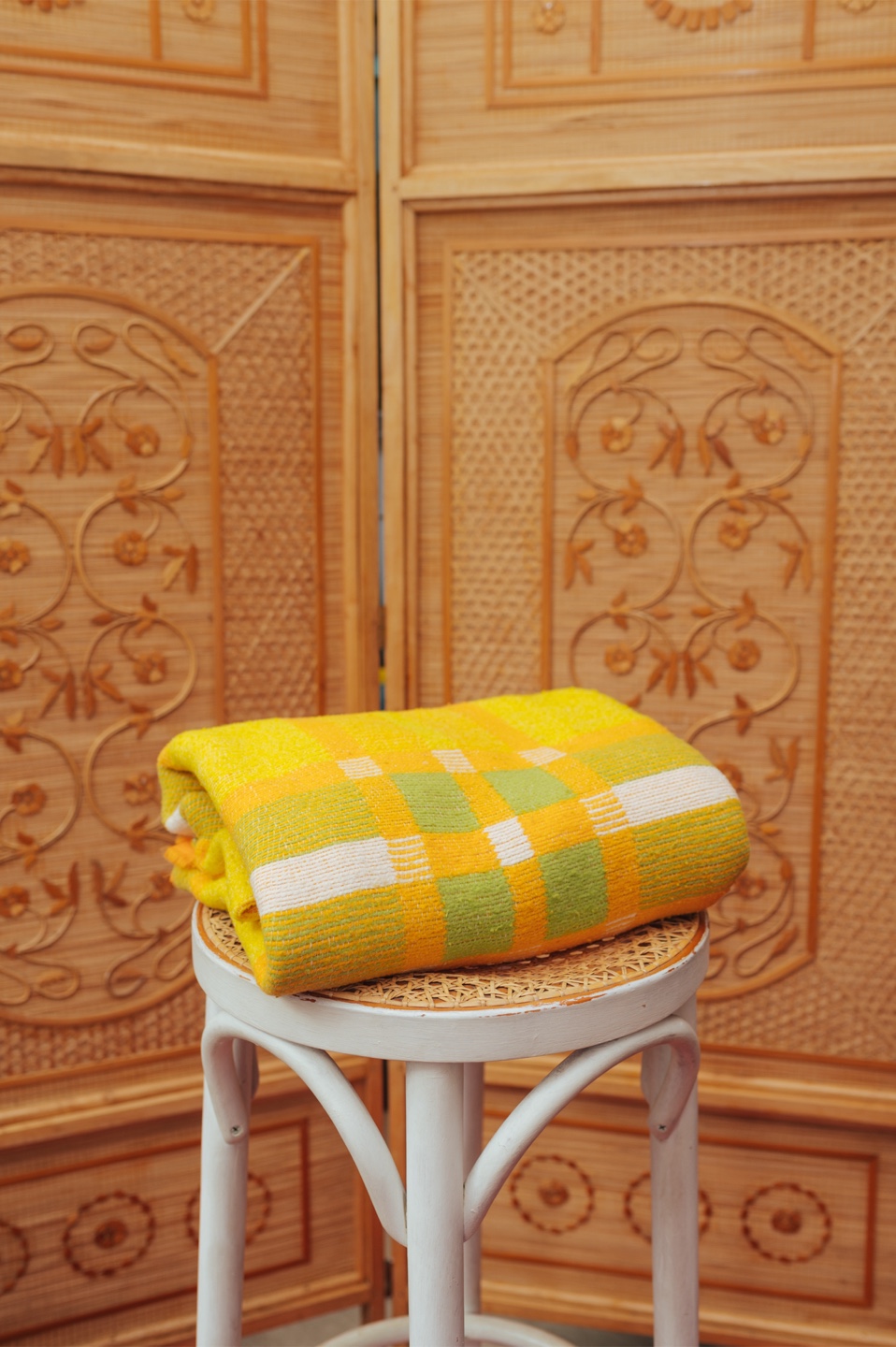 1970s Sunshine Plaid Woven Throw Blanket