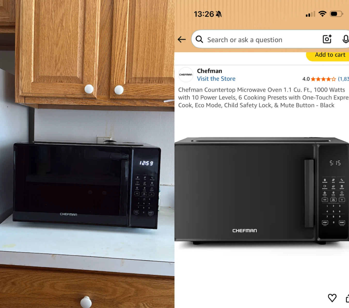 Chefman 1.1 Cu. Ft. Countertop Microwave Oven - Black