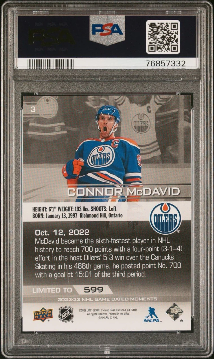 2022-23 Upper Deck Game-Dated Moments Connor McDavid PSA 9 /599 - photo 2