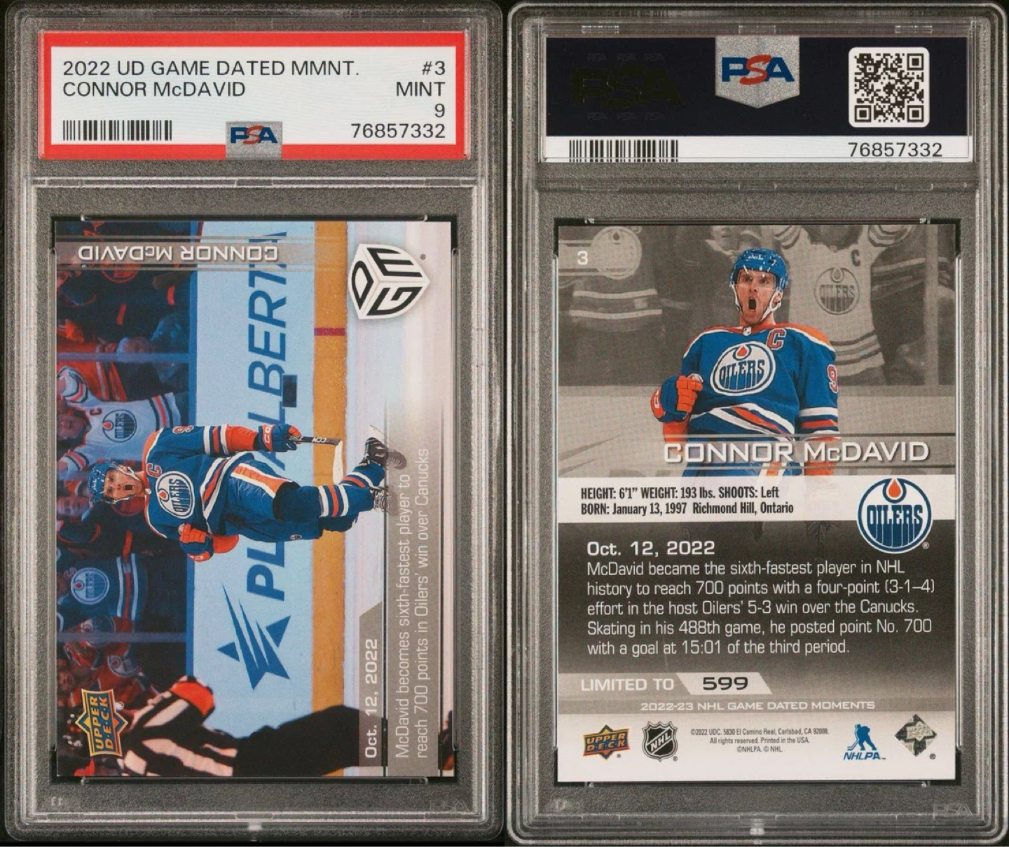 2022-23 Upper Deck Game-Dated Moments Connor McDavid PSA 9 /599 - photo 3