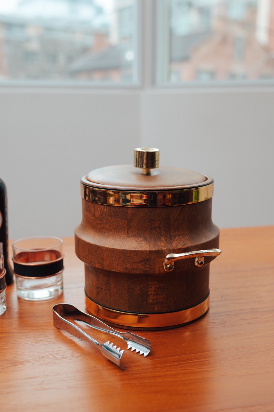 Vintage Faux Parquet Ice Bucket with Brass Trim + Tongs