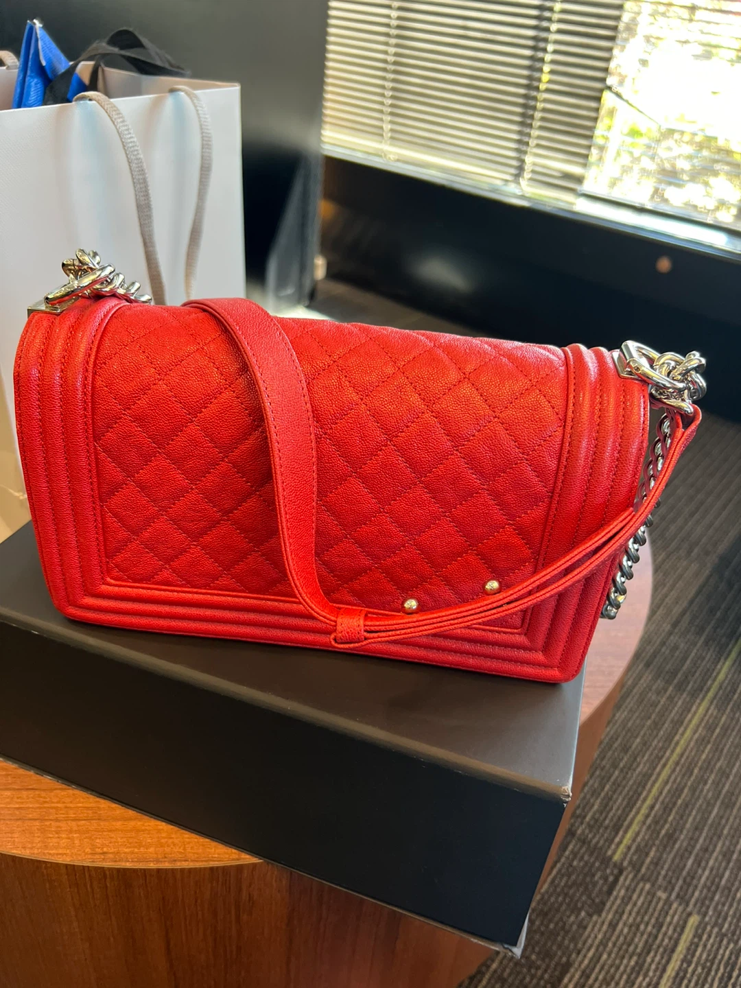 Red Leather Chanel Boy Bag