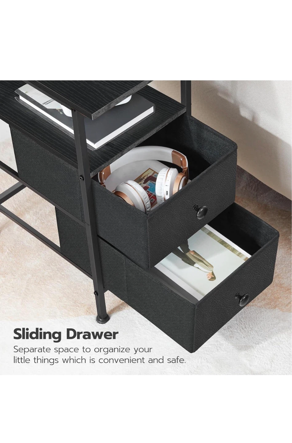 Black Nightstand with 2 Drawers and Built-in Charging Station - photo 3