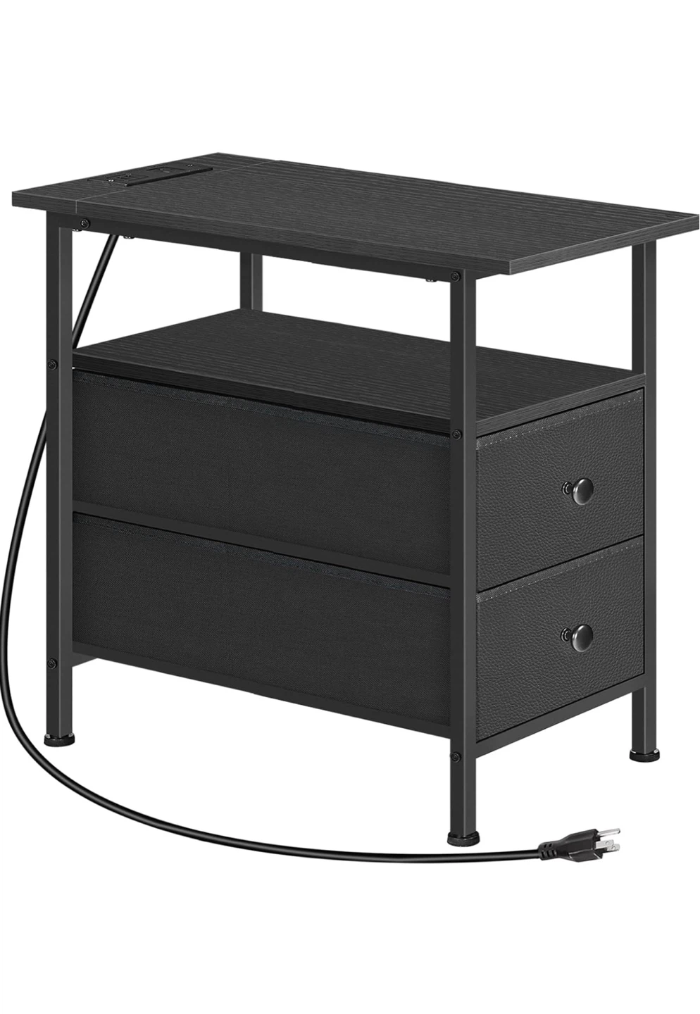Black Nightstand with 2 Drawers and Built-in Charging Station