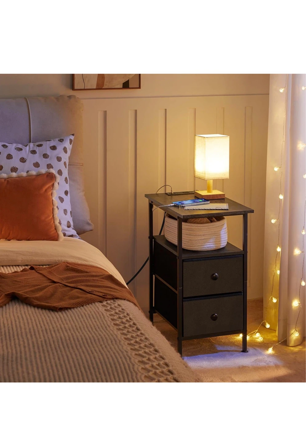 Black Nightstand with 2 Drawers and Built-in Charging Station - photo 5