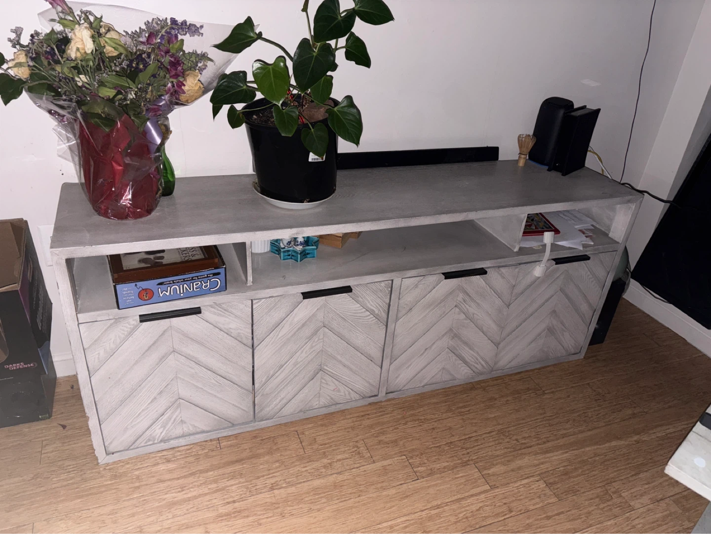 Gray & White Wood Grain Media Console TV Stand with Storage