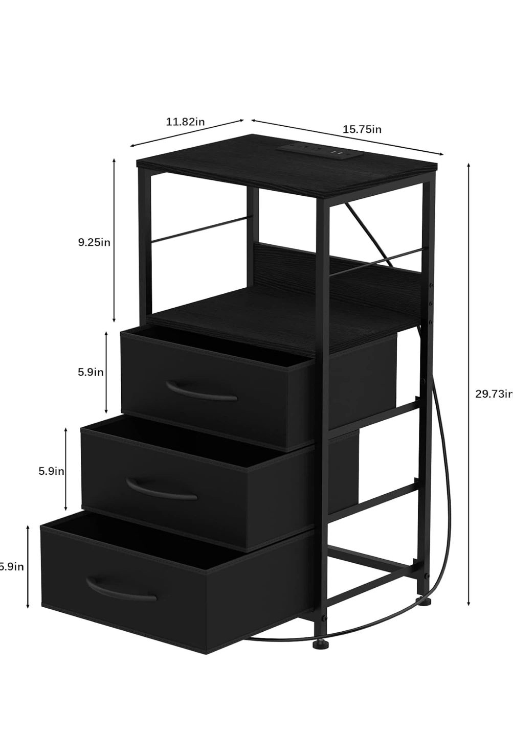 Black 3-Drawer Nightstand with Built-in USB Ports & Outlets - photo 2