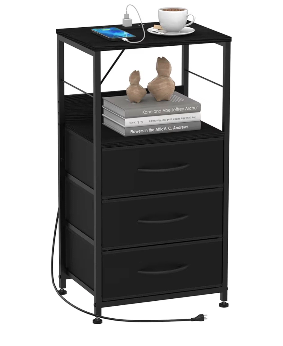Black 3-Drawer Nightstand with Built-in USB Ports & Outlets