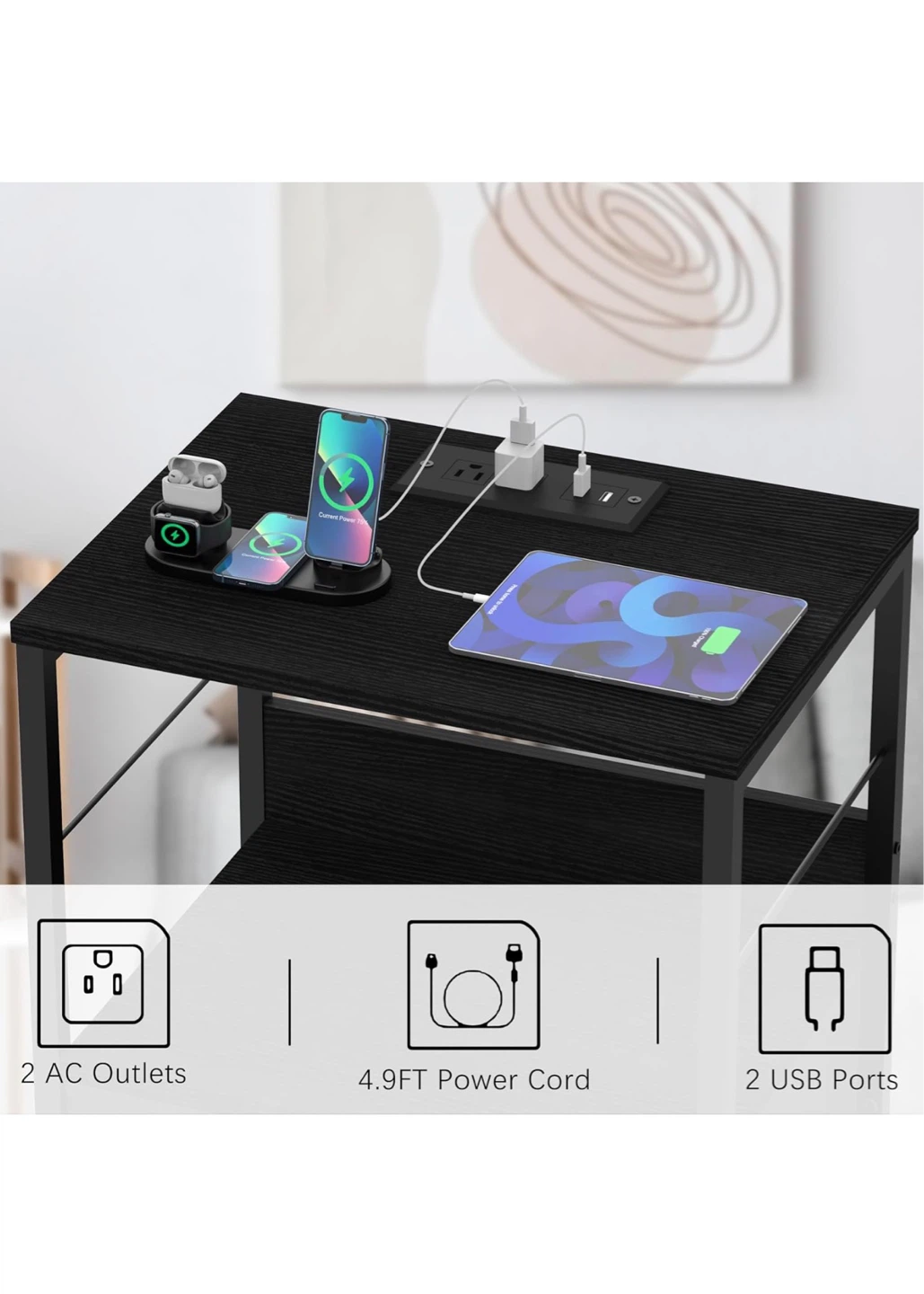 Black 3-Drawer Nightstand with Built-in USB Ports & Outlets - photo 3