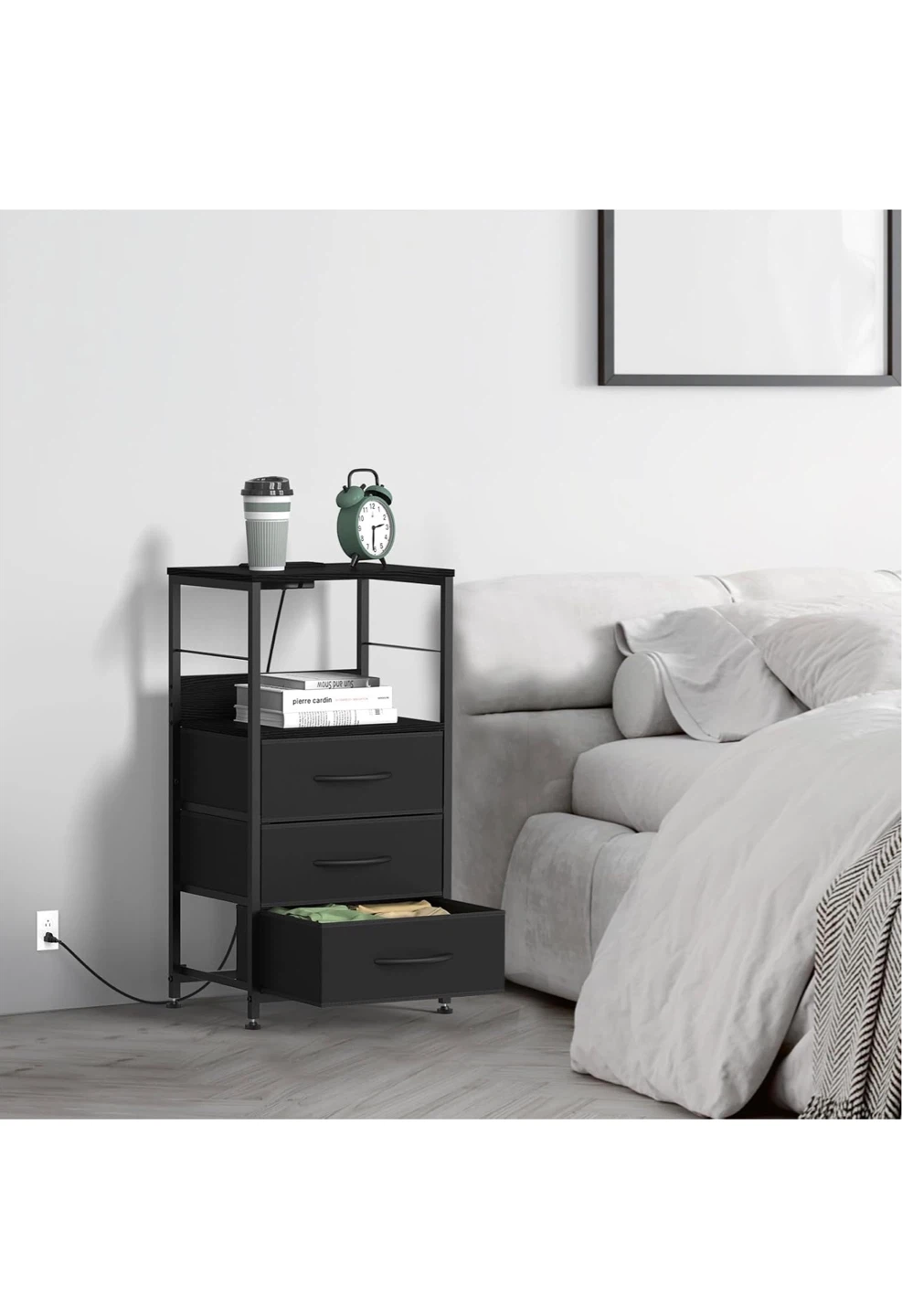 Black 3-Drawer Nightstand with Built-in USB Ports & Outlets - photo 5