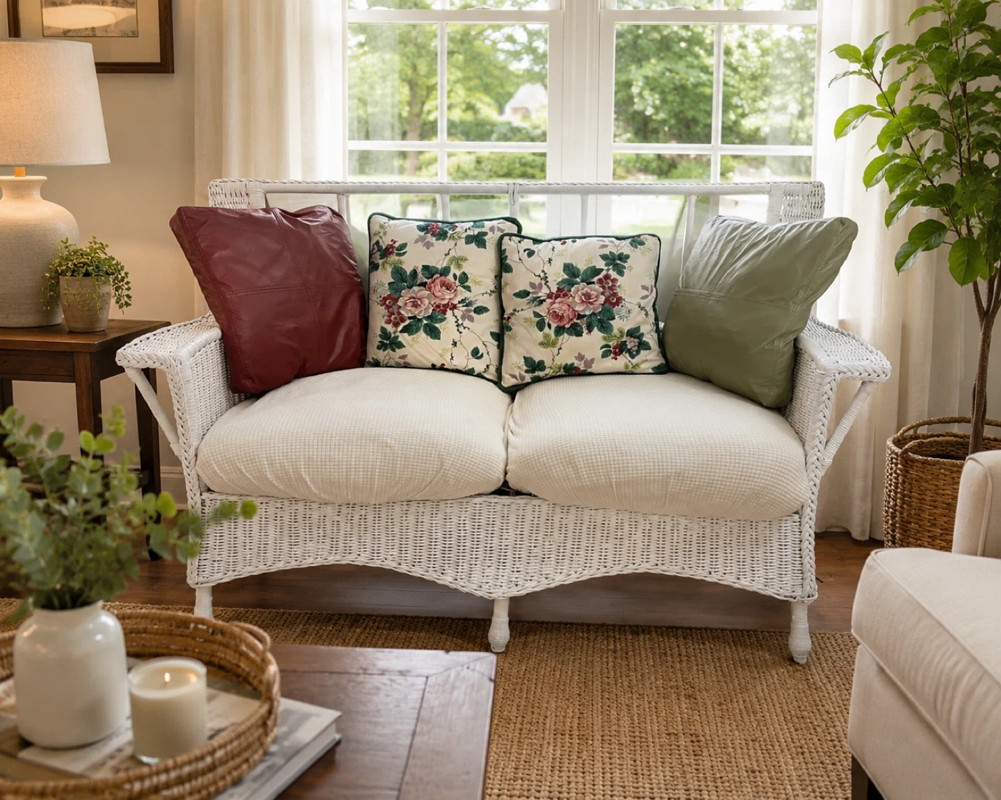 Refurbished Vintage White Wicker Two-Seat Couch