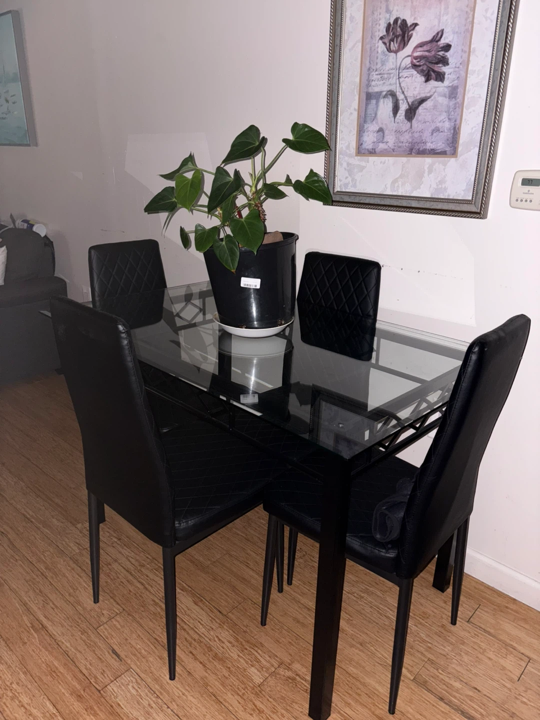 Glass Top Dining Table and 4 Black Chairs