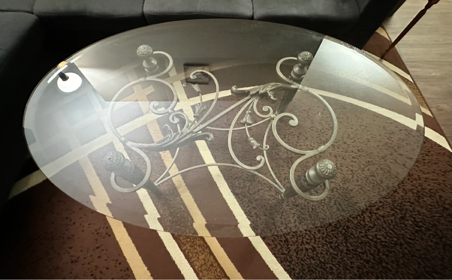 Oval Glass Coffee Table with Ornate Metal Base - photo 2