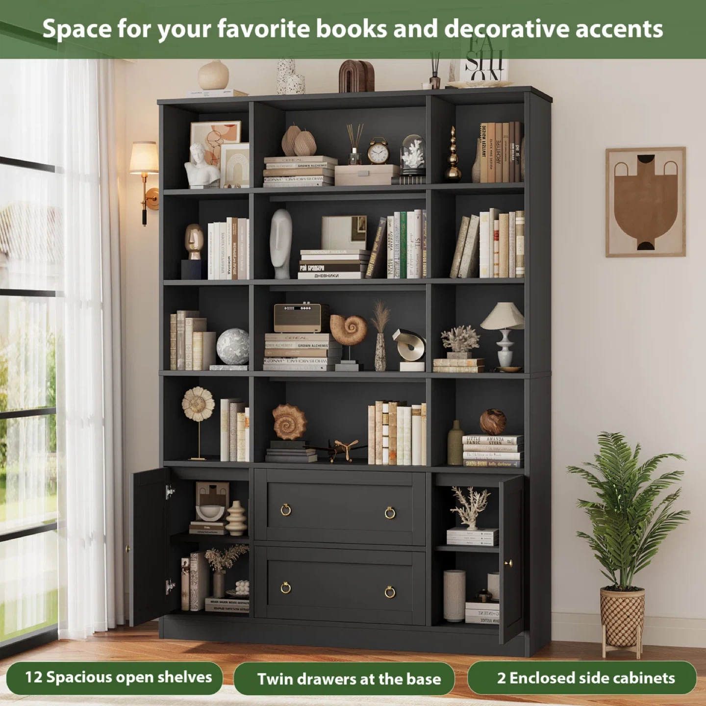 Finetones 71" H Black Bookshelf with Doors - photo 5