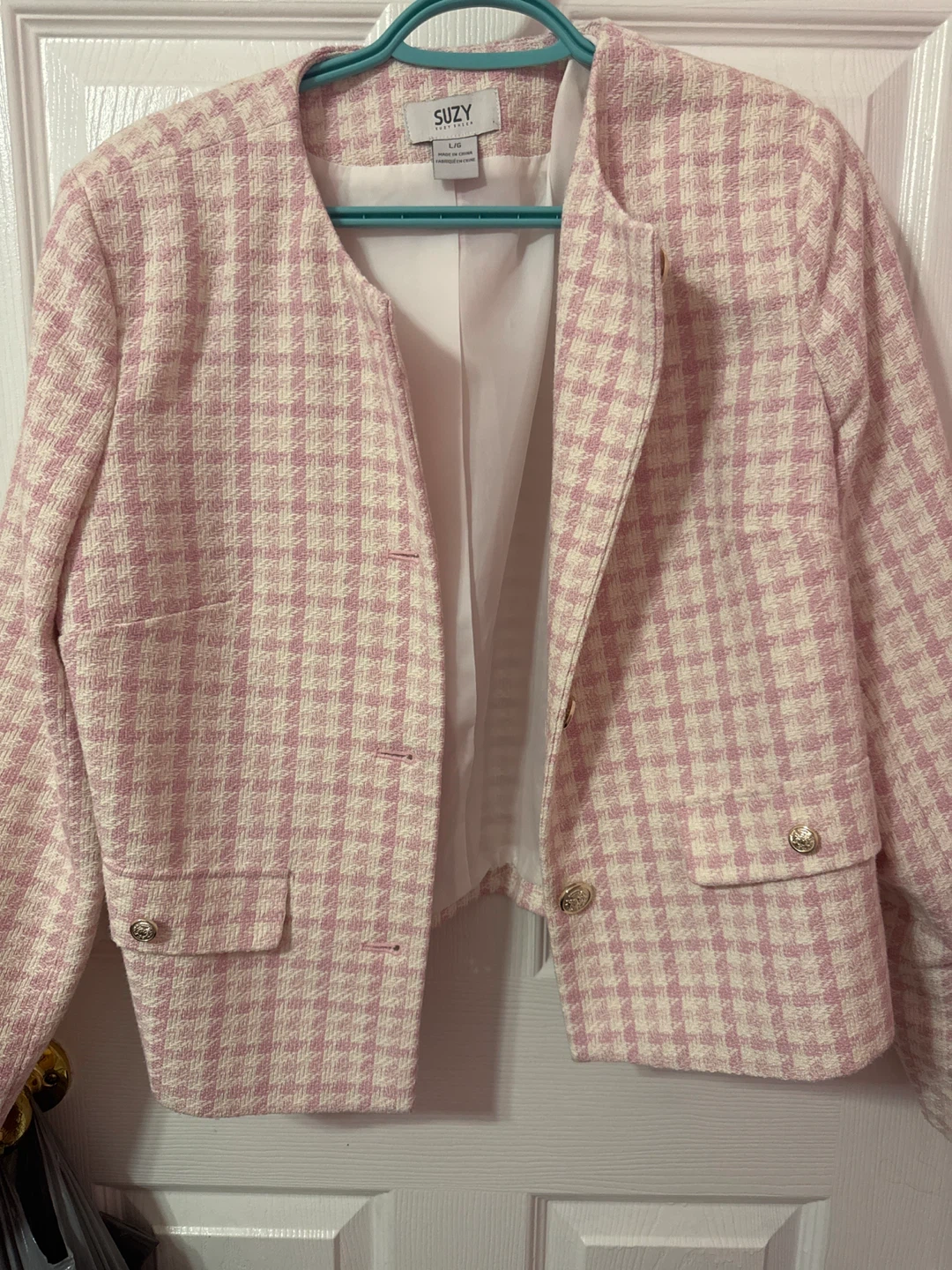 Suzy Shier Pink and White Houndstooth Blazer - Large