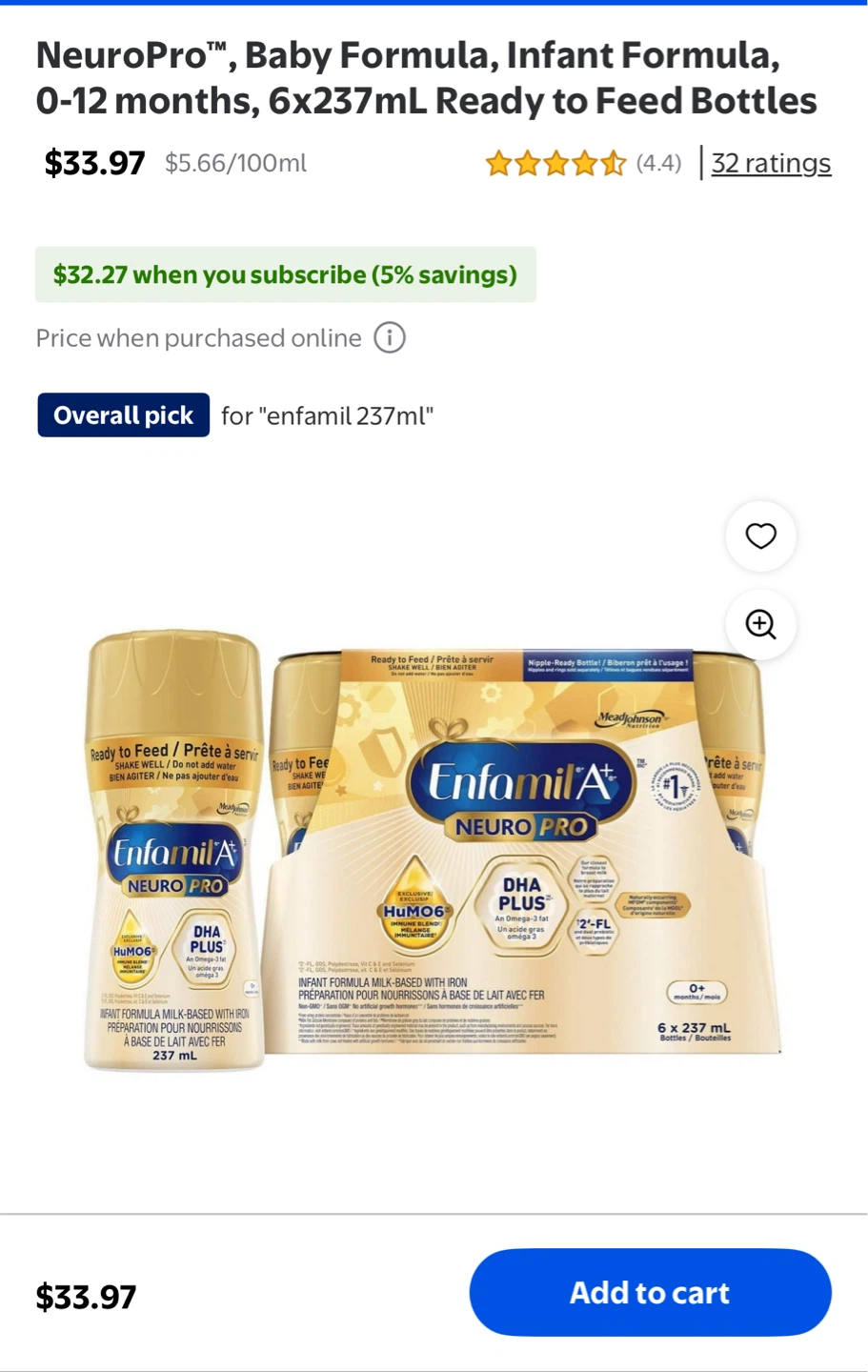 Enfamil NeuroPro Baby Formula, 6x237mL Ready to Feed Bottles