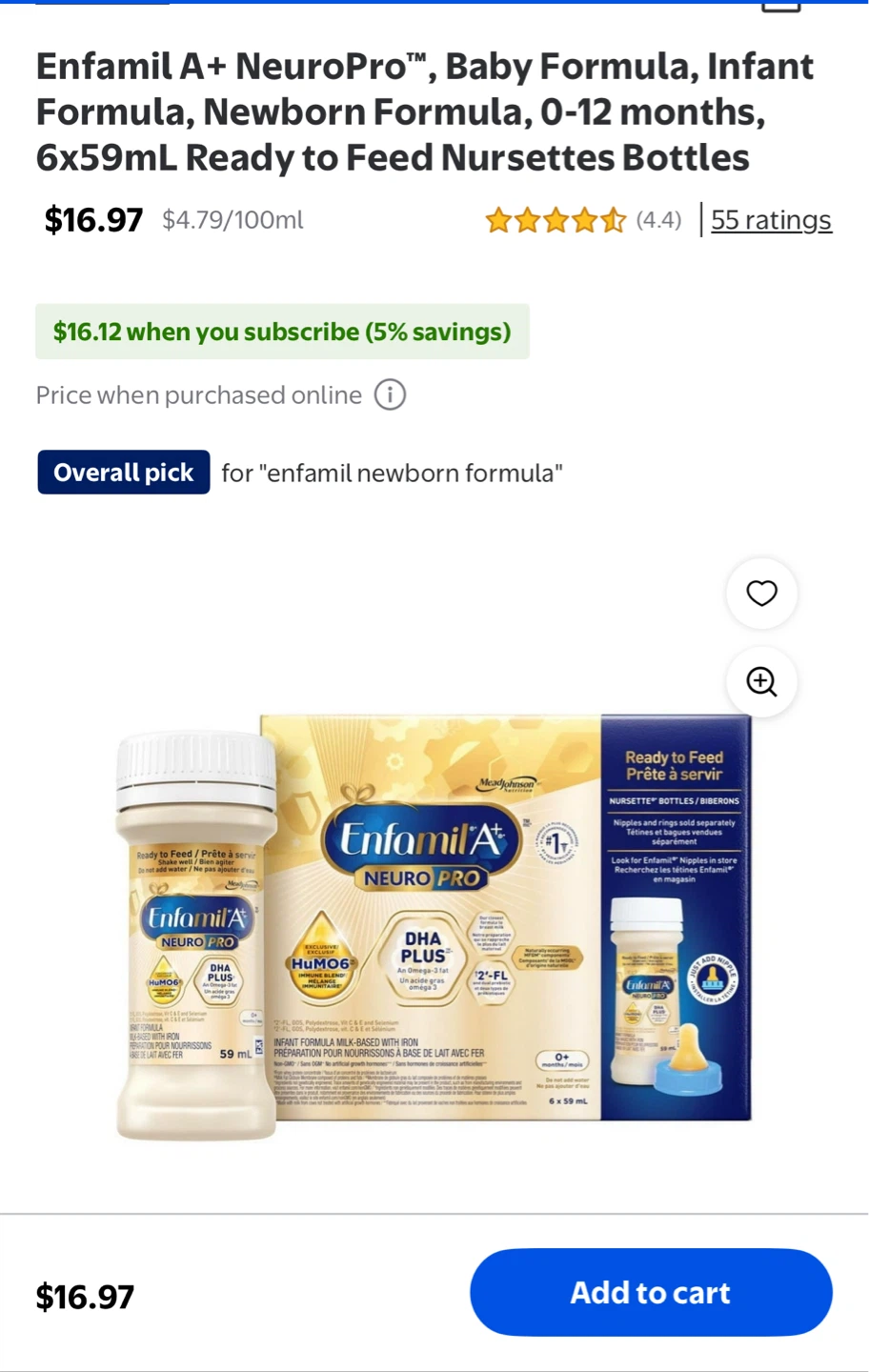 Enfamil A+ NeuroPro Ready to Feed Nursettes Bottles 6x59mL